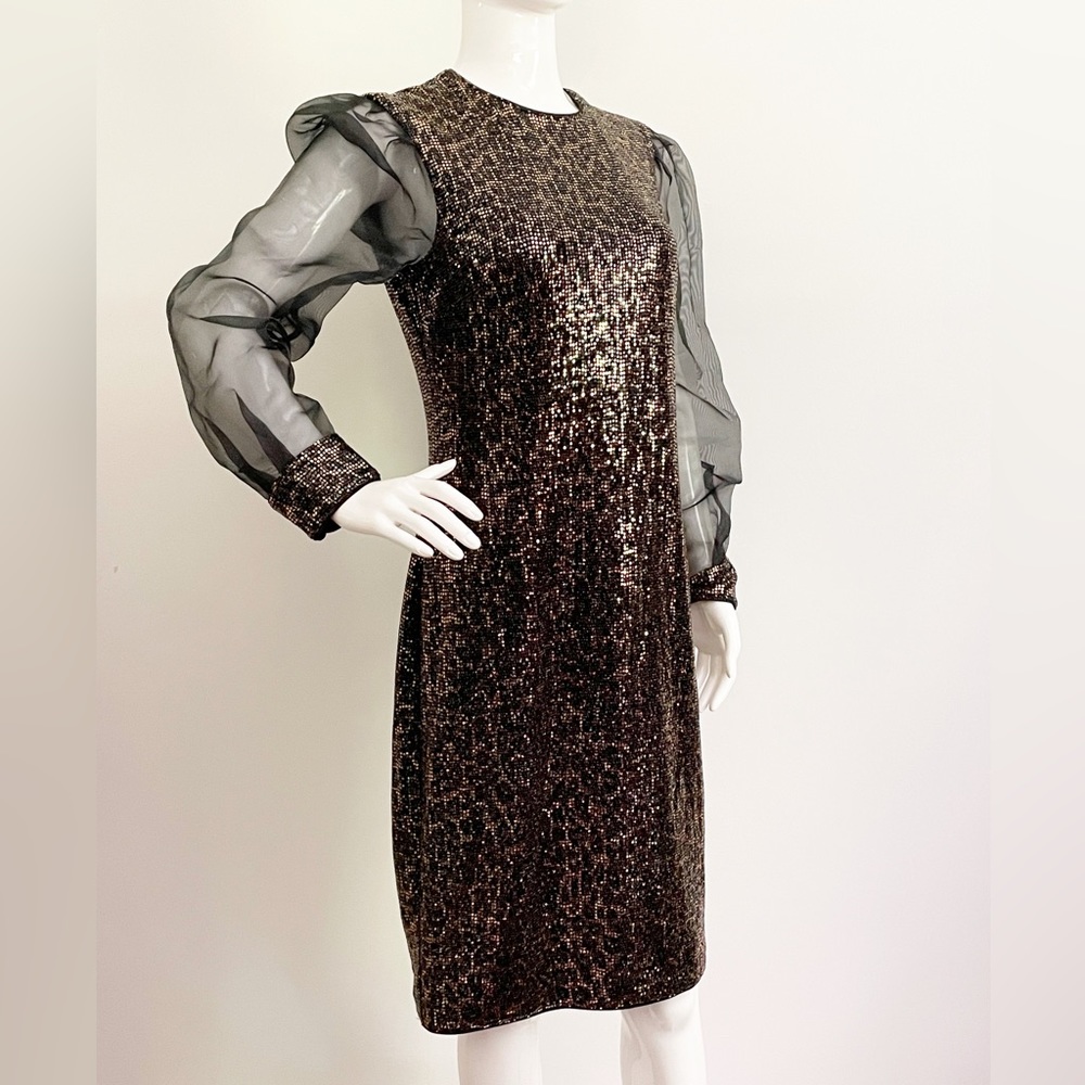Joseph Ribbkoff cocktail dress, LBD, animal print, sheer sleeve pailette sparkle